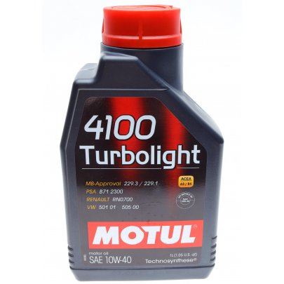 Полусинтетическое моторное масло 10W40 Turbolight 4100 1L (VW 501.01 / 505.00 / MB 229.3 / RN 0700 / PSA B71 2300) 387601 MOTUL (Франция)