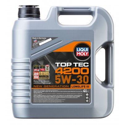 Синтетичне моторне масло 5W30 TOP TEC 4200 4L (BMW Longlife-04 / MB-Freigabe 229.31 / Opel OV 040 1547-G / OV 040 1547-D30 / Porsche C30 / VW 504 00/507 00) 3715 LIQUI MOLY (Німеччина)
